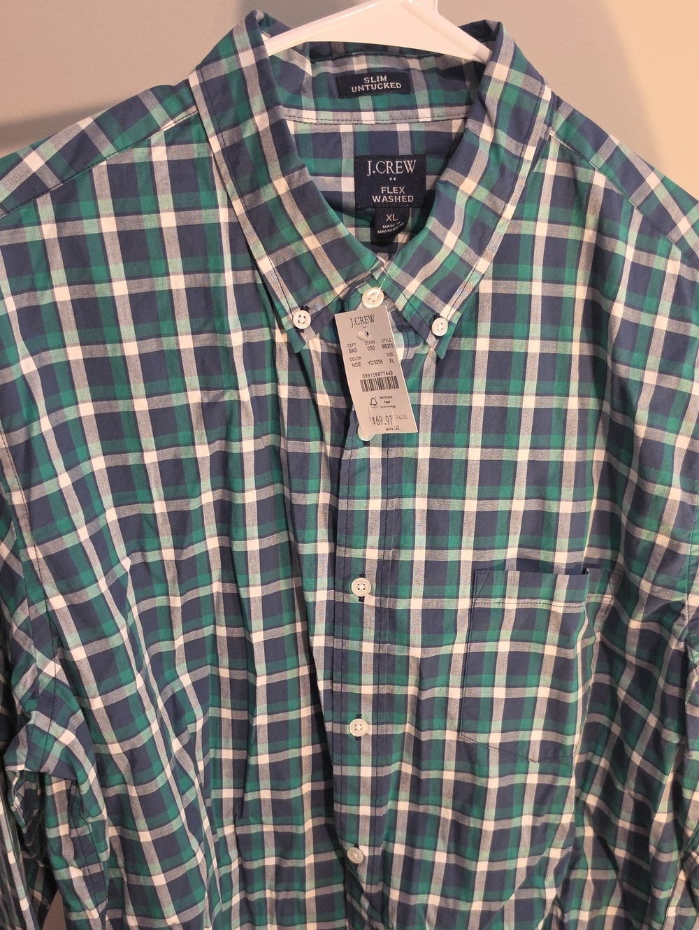 NEW! J. Crew Men's Blue and Green Plaid Button-Down Shirt XL